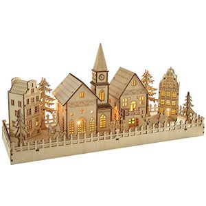 Pre-Lit Wooden Large 4 House Village Scene with Church Table/Window Christmas Decoration Illuminated with Warm White LED Lights - Size 45cm