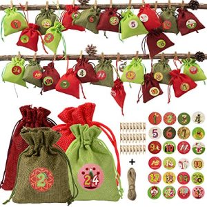 Simoda advent calendar for filling,24 fabric bags with 1-24 Advent numbers sticker,2019 bag,Christmas calendar craft set (Red,Wine,Amy green,Green)