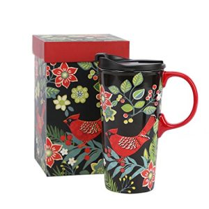Cypress Home Ceramic Tall Tracel Mug with Lid Red Bird 17oz.